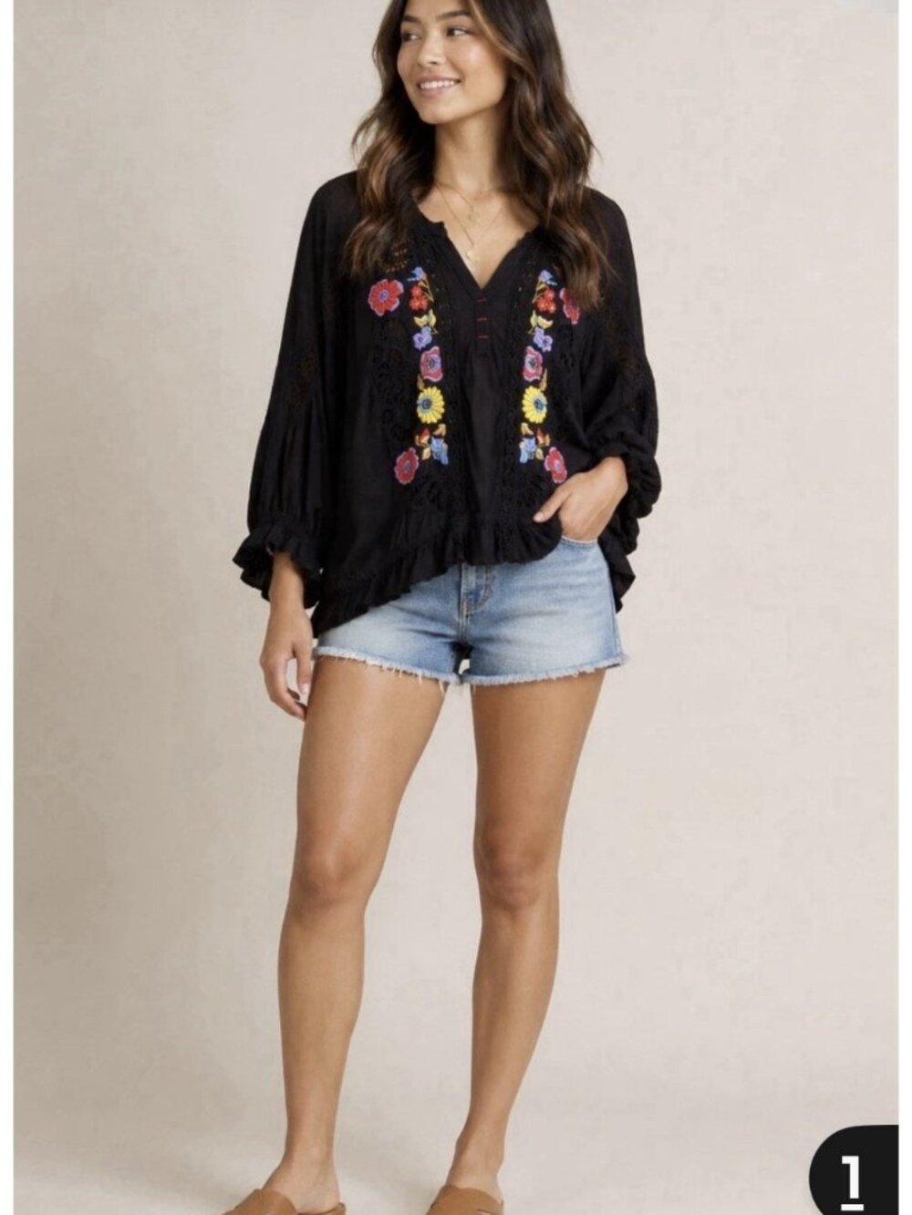 Free People Serafina Black Embroidered Lace Crochet Boho Festival Blouse Top S